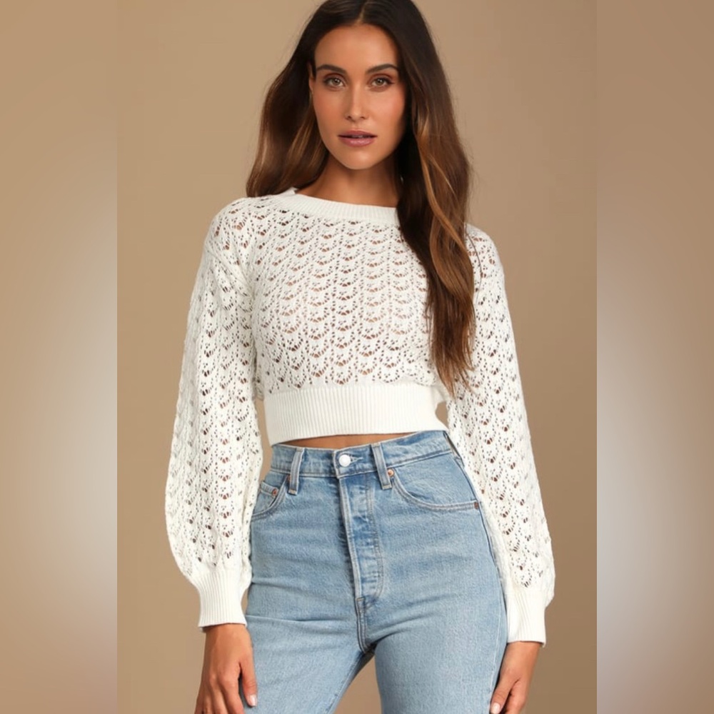 Lulus Always All Mine Ivory Lace-Up Cropped Pointelle Sweater